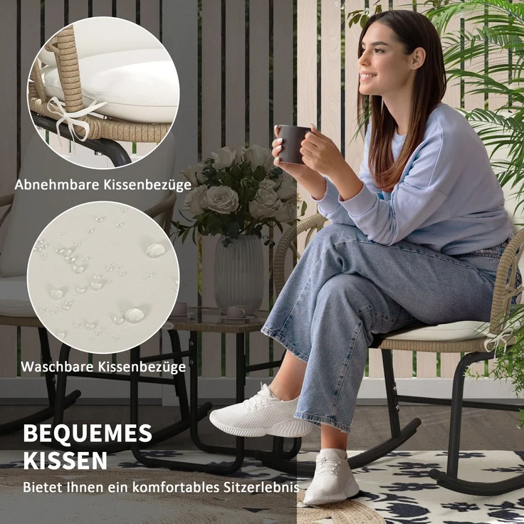 MELAYR, Schaukelstuhlset Schaukelstühle Bistro-Set, Bohostil, PE-Rattan, wetterbeständig, 63 x 82 x 75 cm, Gelb+Creme – Bild 6