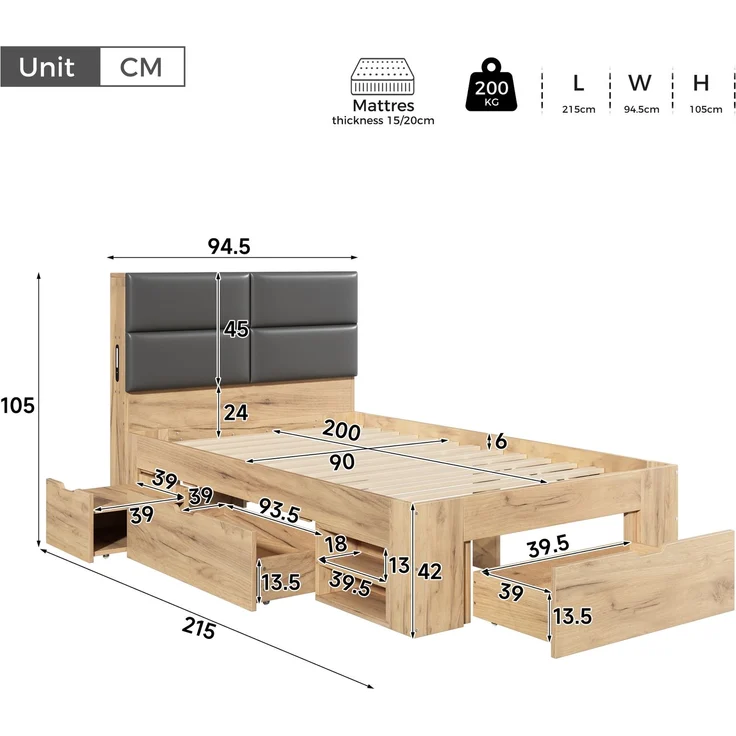 Stauraumbett mit Schubladen, Liegefläche 90×200 cm, Nachtlicht und USB, Natur, ohne Matratze – Bild 5
