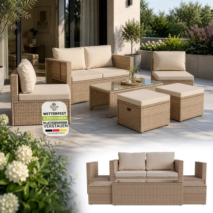 Juskys Polyrattan Gartenmöbel Set Salou - Outdoor Lounge wetterfest 6 Personen - Sitzecke mit Tisch & Kissen für Garten, Balkon, Terrasse - Creme – Bild 2