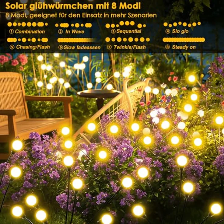 Foumteex Solarlampen für Außen Garten, 4 Stück Solar Glühwürmchen mit 8 LED und IP65 Wasserdichtigkeit, warmweiß, 8 Lichtmodi, höhenverstellbar, ideal für Garten, Wege und Terrassen – Bild 4
