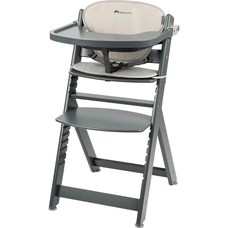 Bebeconfort Hochstuhl Timba - Gray Mist, Mitwachsender Holz Baby Kinderhochstuhl mit Sitzauflage - verstellbar