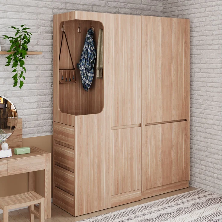 CHICFURN Kleiderschrank 140x170x40 cm aus Holz mit Schubladen und offenem Hängebereich Naturholz – Bild 1