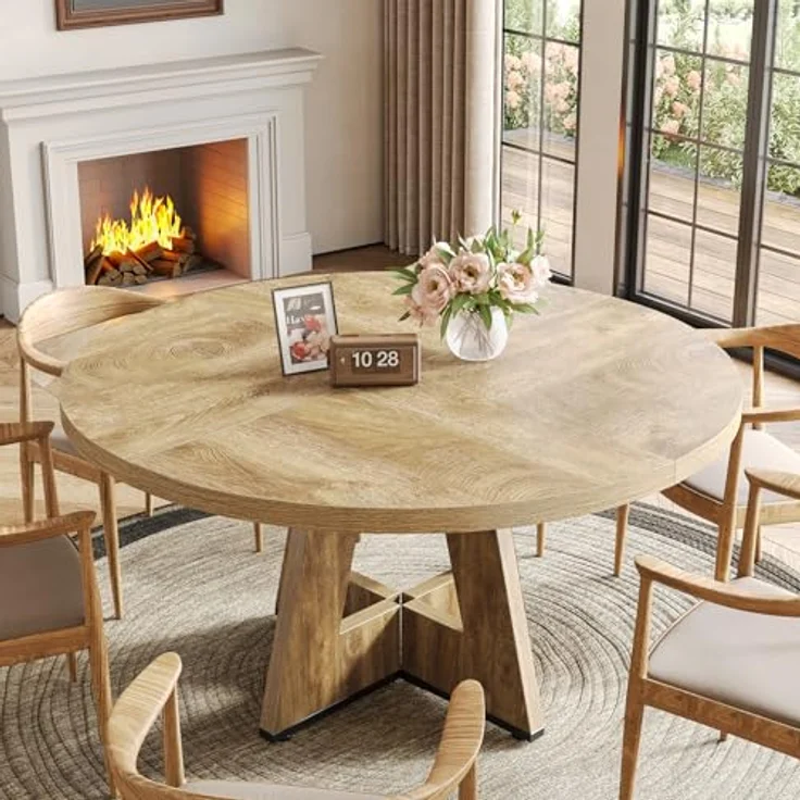 LITTLE TREE Runder Esstisch für 4 Personen, 120cm Esszimmertisch mit Holzsockel, Kreis Küchentische für Esszimmer, Küche, Wohnzimmer, Eiche – Bild 5