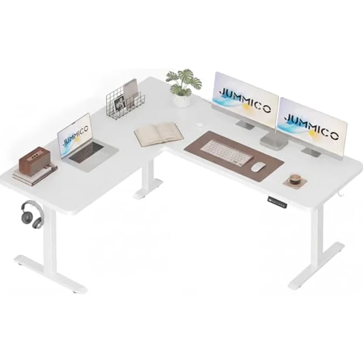 JUMMICO Höhenverstellbarer Schreibtisch L-förmig mit 3 Speicherhöhen & Kabelmanagement, 160x140 cm Eckschreibtisch Höhenverstellbar, Ergonomischer Computertisch für Homeoffice & Gaming, Weiß – Bild 1