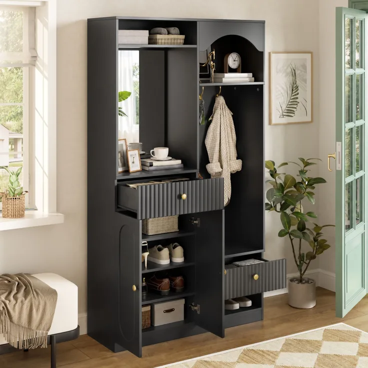Kompaktgarderobe 100x35x180 cm in Schwarz mit Spiegel, Sitzbank, Haken und LED-Beleuchtung