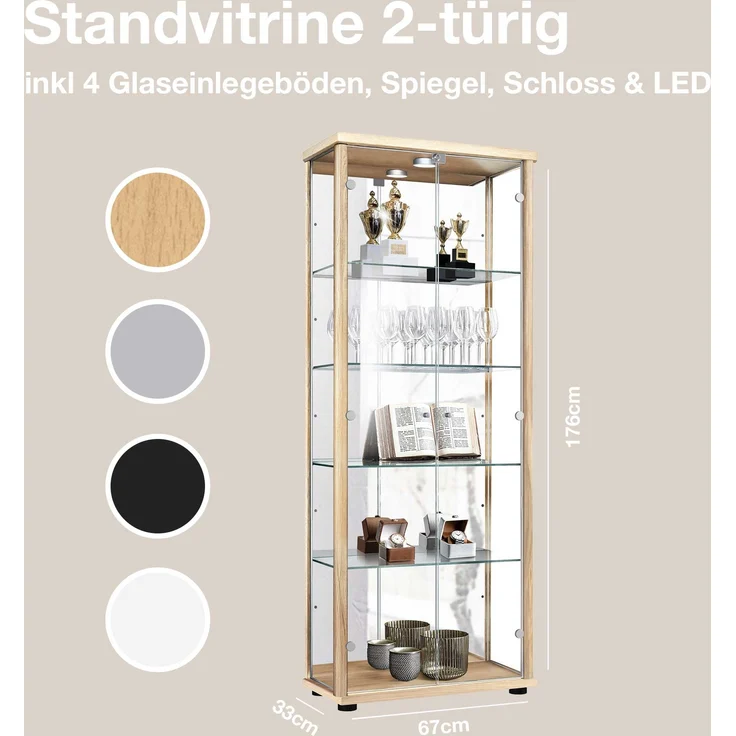 K-Möbel Glasvitrine C1084 (Glasvitrine (176x67x33 cm) mit 2 Glastüren) Glasvitrine stehend – Bild 3