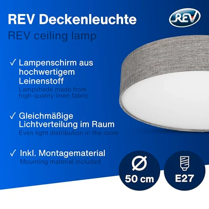 REV Deckenleuchte - Deckenlampe rund 50cm mit Stoff-Lampenschirm im Vintage-Look – ideal für Schlafzimmer & Wohnzimmer, braun-silber – Bild 3
