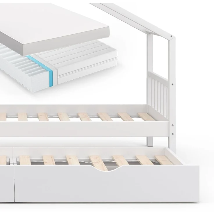 Hausbett Design Weiß 90x200 cm mit Gästebett und 2 Matratzen Vitalispa – Bild 6