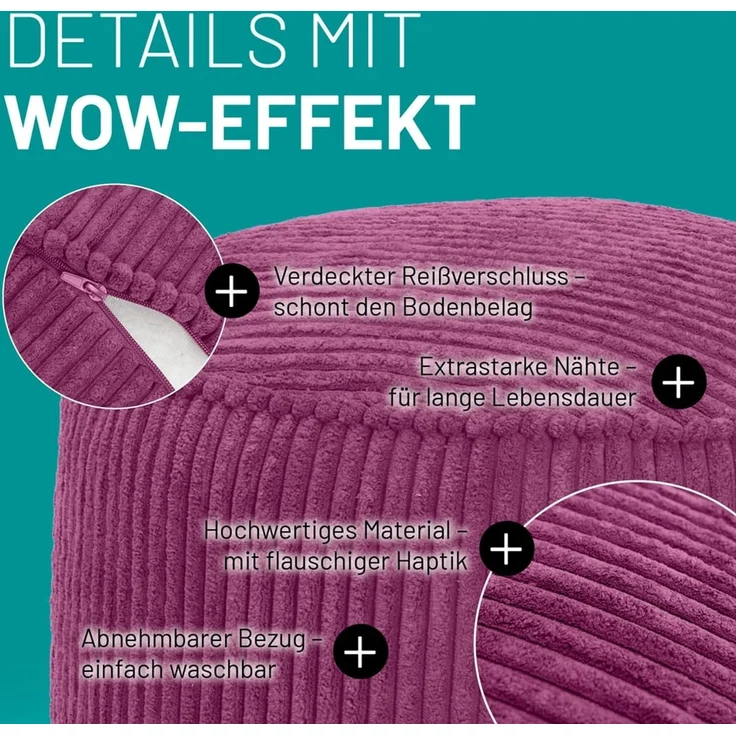 Lumaland Pouf Sitzsack-Hocker Pouf rund Cord 50l weinrot, supersofte Füllung EPS-Perlen – Bild 4