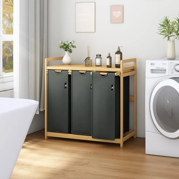 AdelDream Wäschekorb Wäschekörbe mit Bambusrahmen, 150 l, 3 Fächer – Bild 7