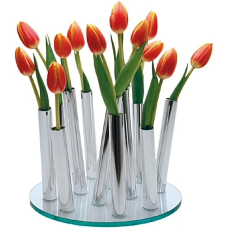 Philippi Bouquet Vase, Designervase mit 12 Minivasen aus poliertem Aluminium für kreative Blumendekoration, klare Glasplatte – Bild 2