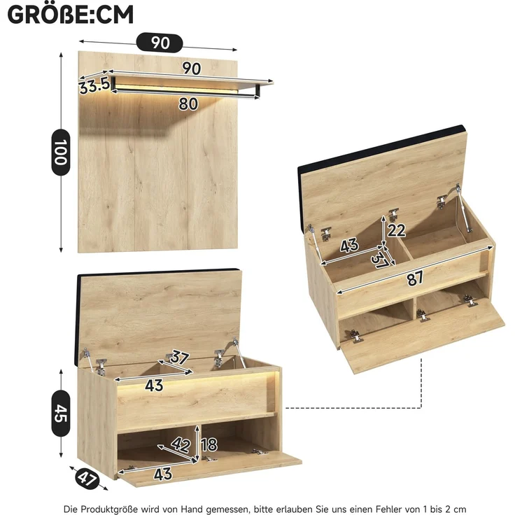Garderoben-Set mit Schuhbank, Sitzkissen & LED-Beleuchtung, 90x47x145 cm, Eiche – Bild 4