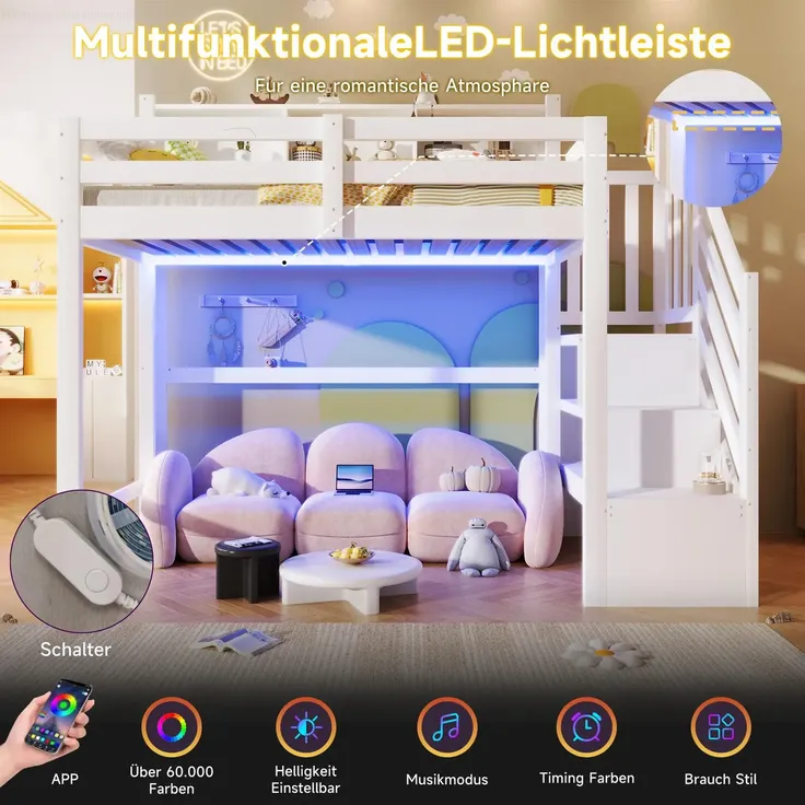 Hochbett mit RGB LED-Streifen, Stauraum, Lattenrost, Rausfallschutz und Regal, Treppe mit Regal, 90x200 cm, Kinderbett, Einzelbett, Kiefer – Bild 5