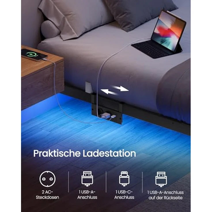 VASAGLE Bettgestell 180x200 cm, schwebender Effekt, LED-Beleuchtung, abnehmbare Steckdosenleiste, 2 AC-Steckdosen, 1 USB-C-Anschluss, 2 USB-A-Anschlüsse, trägt bis 500 kg, tintenschwarz RMB178B101 – Bild 4
