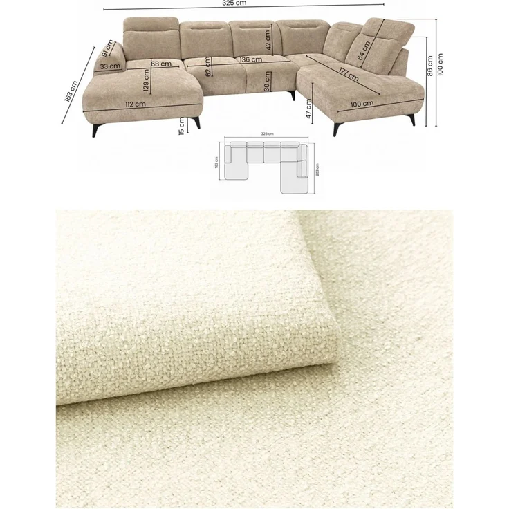 Wohnlandschaft Sofa U-Form ALETTE in Stoff Doha Creme Lange Schenkel Links – Bild 6