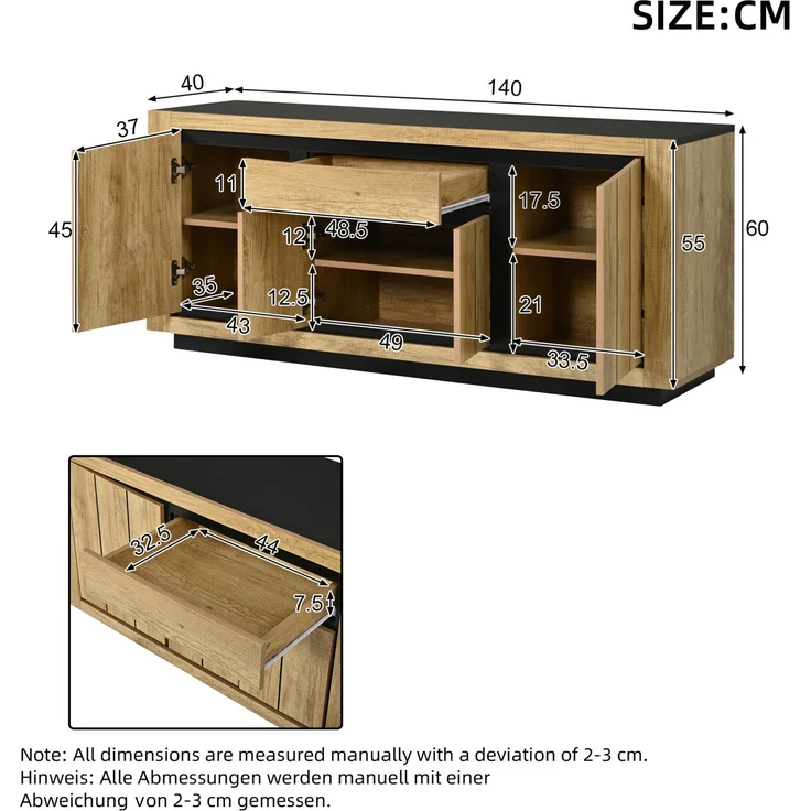 Sideboard 140 x 40 x 60 cm mit 4 Türen und Schublade – MDF in Holzoptik und Schwarz – Bild 5