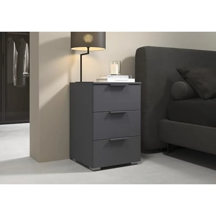 Rauch Möbel Alabama, Nachttisch für Schlafzimmer, Kinderzimmer, Gästezimmer, mit 3 Schubladen, Soft-Close-Funktion, Farbe Grau metallic, Schwarz, Maße 40x61x42cm – Bild 2