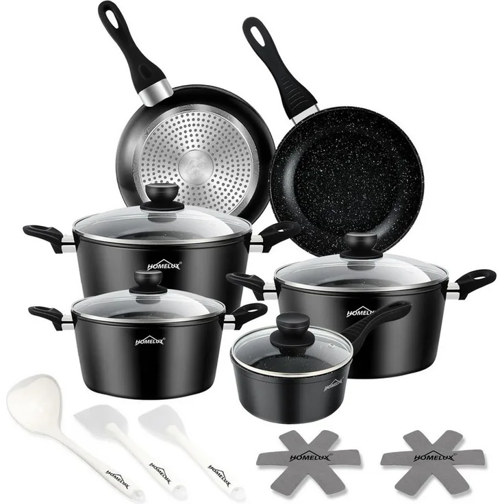HOMELUX Topf-Set Induktions Töpfe Set Classic Antihaftbeschichtung Kochtopfset, Aluminium (Kochgeschirr-Set, 15-tlg, 3x Kochtopf, 2x Bratpfanne,1x Saucentopf,4x Glasdeckel,5x Zubehör), Induktionsgeeignet