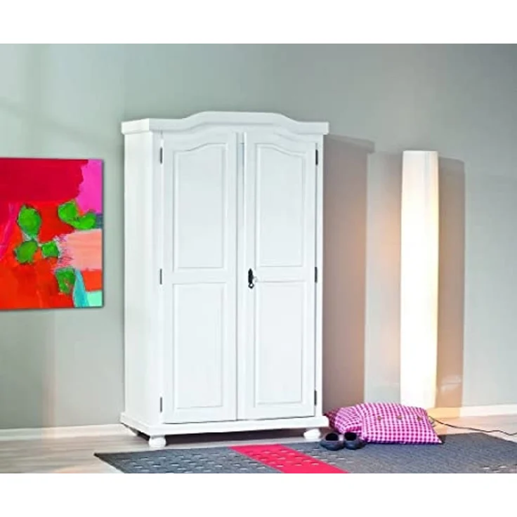 Dmora Zweitüriger Kleiderschrank mit wasserlackierten Regalen aus massivem Kiefernholz, Farbe Weiß, 104 x 180 x 56 cm. – Bild 1
