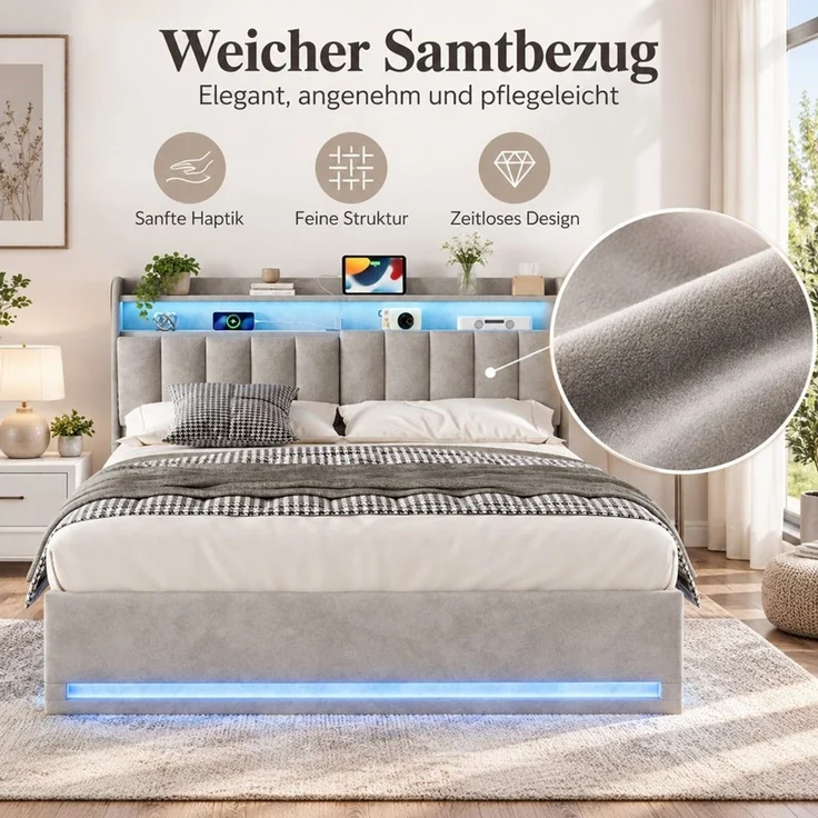 Simurq Polsterbett Bett 140x200 cm Stauraumbett mit LED Beleuchtung (1-tlg, USB + Type-C, Hydraulisches Bett mit Stauraum), Doppelbett, Bettgestell mit Bettkasten und Lattenrost, Samt – Bild 3