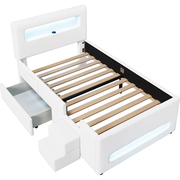 Polsterbett mit Treppe, LED & Schublade, 90x200 cm, Weiß, ohne Matratze – Bild 9