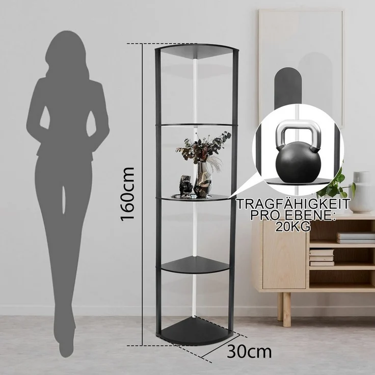 XIIW Eckvitrine LED Eckregal Standregal Bücherregal Vitrine mit Fernbedienung Smart (5 Etagen, 30×30×162 cm, Stehlampe Stehleuchte Regal aus Holz) für Wohnzimmer Schlafzimmer Flur Büro – Bild 2
