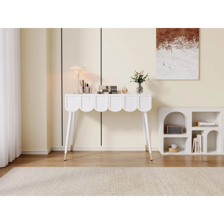 Schminktisch, Frisiertisch, mit 2 Schubladen, Metallfüße, weiß, Maße: B100 × T40× H76 cm--Weiß--100x40x76cm--YOUDENOVA – Bild 5