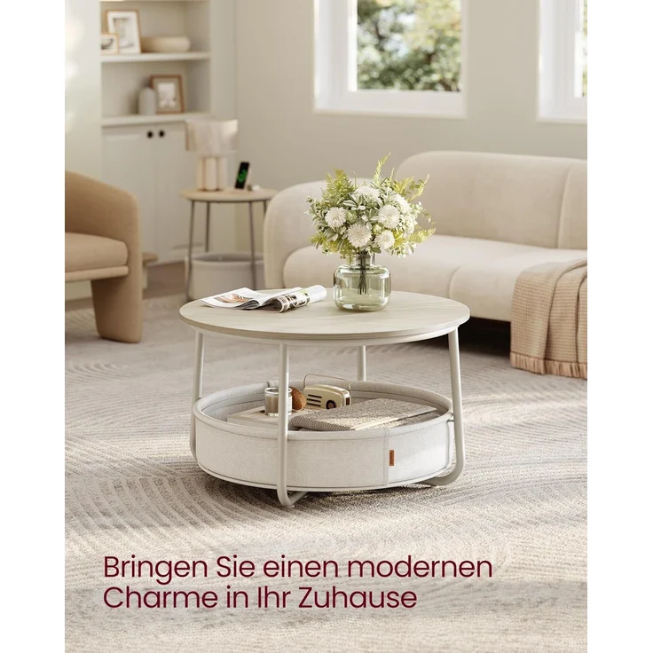 VASAGLE Couchtisch, Beistelltisch, Wohnzimmertisch mit Korb aus Stoff, modern, ∅75 x 45 cm, beige – Bild 2