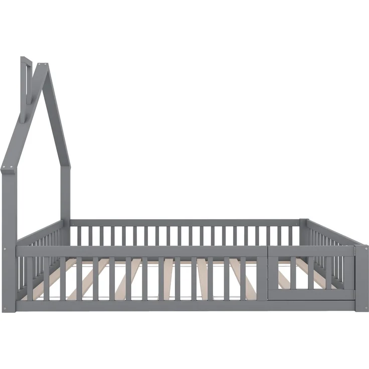 Kinderbett 140x200 cm mit Schornsteinform, Hausbett mit Sicherheitsgitter, Holzbett für Kinderzimmer, Jugendbett, Bettgestell,Grau – Bild 8
