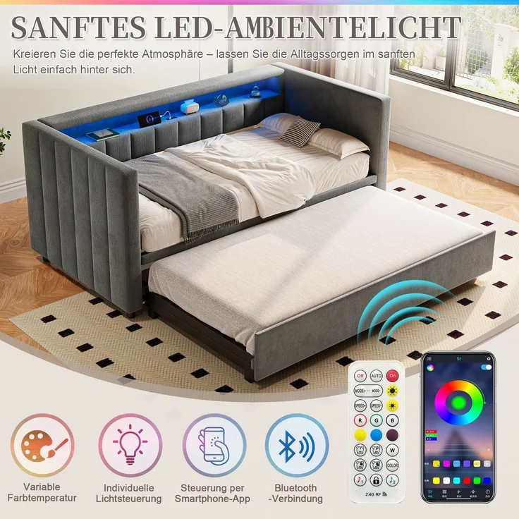 EINHOM Multifunktionales Schlafsofa 90 x 190 cm mit Ausziehbarem Bett, USB-Typ-C-Anschluss, LED-Ambiente, Samtbezug & Stauraum, Stilvolles Design für Wohnzimmer, Gästezimmer oder Jugendzimmer. Gray (Ohne Matratze) – Bild 6