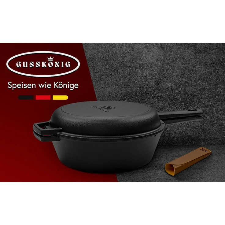 2in1 Casserole 3,6 l aus Gusseisen – Topf & Pfanne in einem, mit Ledergriff & Ringreiniger, eingebrannt, für Induktion, Grill & Backofen – Bild 9