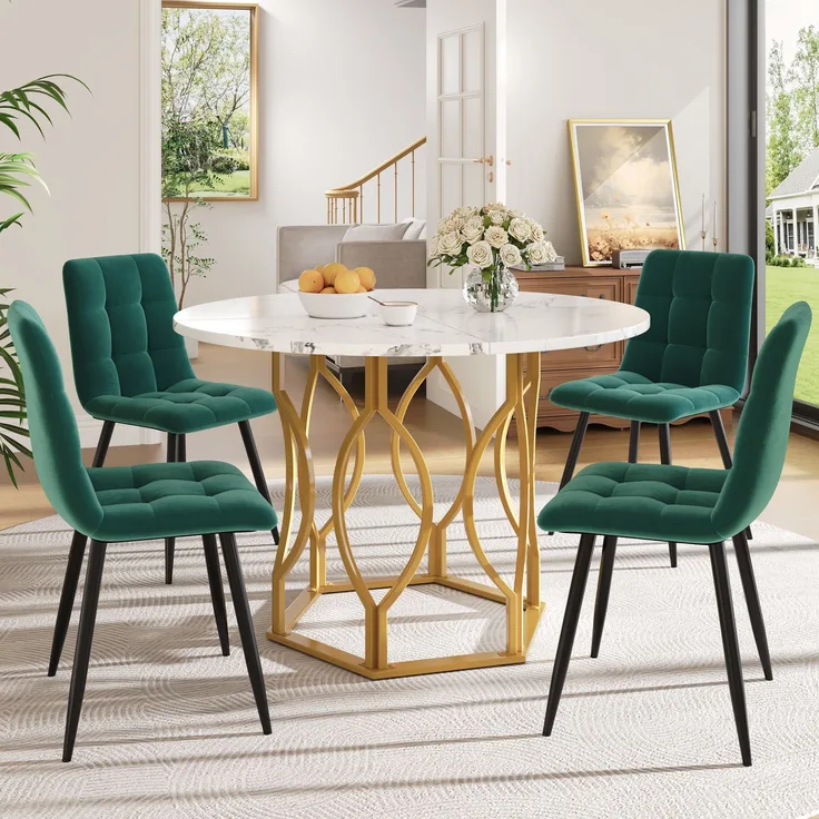 5-teiliges Esszimmer-Set mit rundem Esstisch Ø100 cm & 4 Samtstühlen – Design Essgruppe mit Marmormuster Tischplatte & Metallgestell