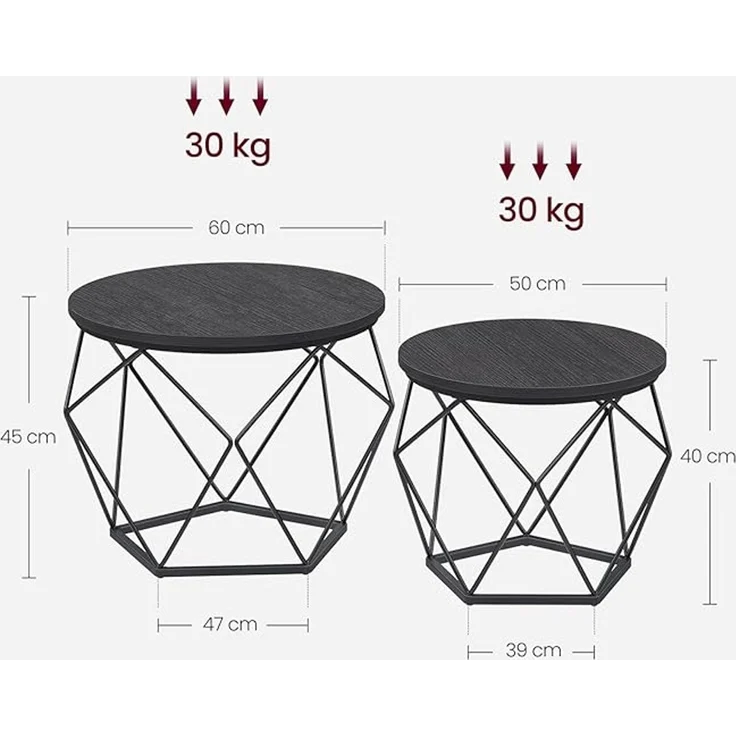 Vasagle Couchtisch rund, 2er Set mit abnehmbarer Tischplatte, tintenschwarz, 60 x 60 x 45 cm – Bild 3