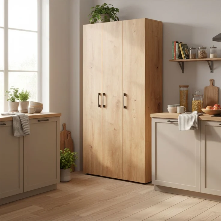 Bellamio 'Apol' Mehrzweckschrank, Eichenoptik, 176x33x90 cm, Putzschrank mit 3 Türen und 5 Regalen, Besenschrank mit Staubsaugerfach – Bild 2
