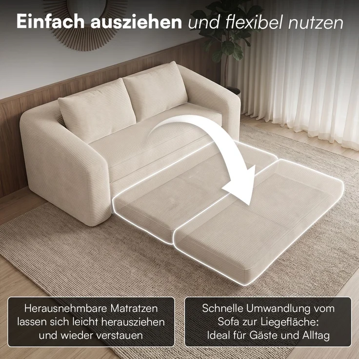 skølm 'Fjäll' Schlafsofa 2 Sitzer mit 2 Kissen, beige, Cordsofa ausklappbar, mit Liegefunktion, vakuumverpackt ohne Aufbau – Bild 4