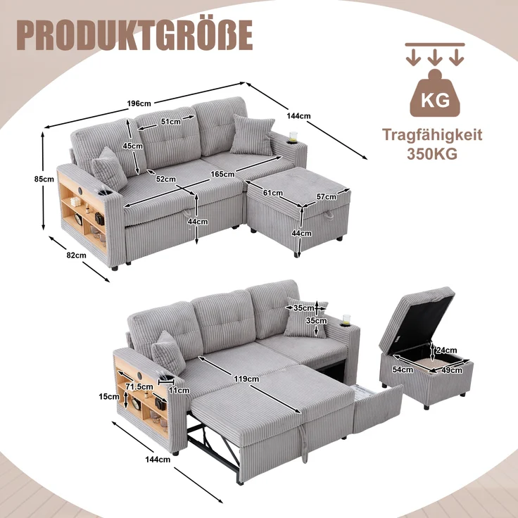 LVHOM Schlafsofa mit LED & USB, Ecksofa mit Ablagefächern, Schublade und Becherhaltern, Schlafcouch aus Cordstoff, frei Kombination, 196x144x85 cm – Bild 9
