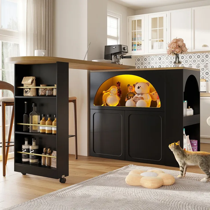 Merax Ausziehbarer Bartisch mit Stauraum(135-205×39×100cm) , Moderner Beweglicher Bar Table, Teleskopischer Bartisch mit LED Hochtisch Kücheninsel, schwarz