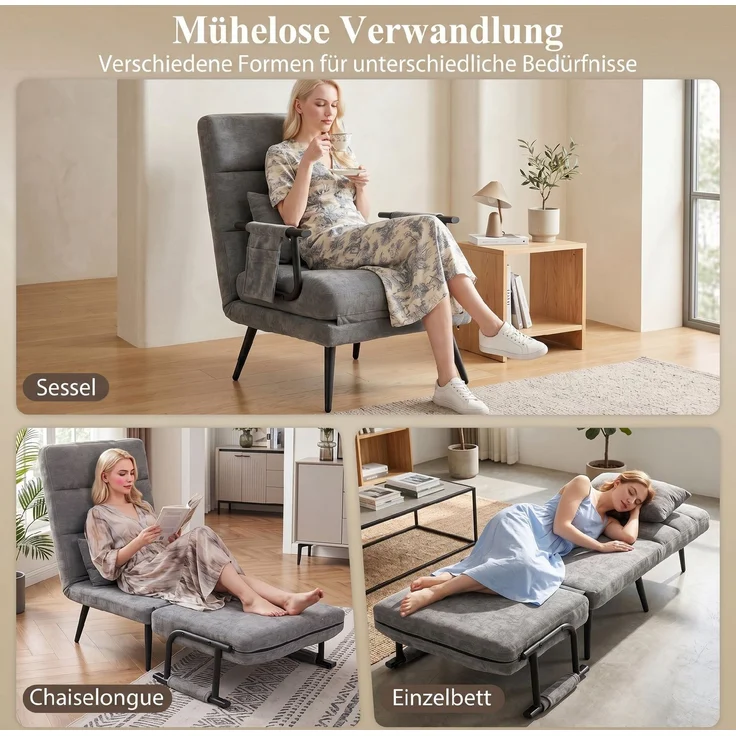 JARDJ Schlafsessel 3 in 1 Klappbar Sessel mit Schlaffunktion, 186 x 60 cm Schlafsessel mit 5-stufig Verstellbarer Rückenlehne – Bild 6