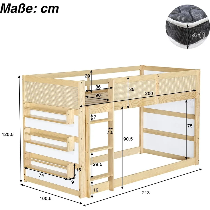 Hochbett mit RGB LED-Streifen, Regal, Rausfallschutz, Lattenrost und Trittleiter, 90x200 cm, Kinderbett, Kiefer – Bild 7