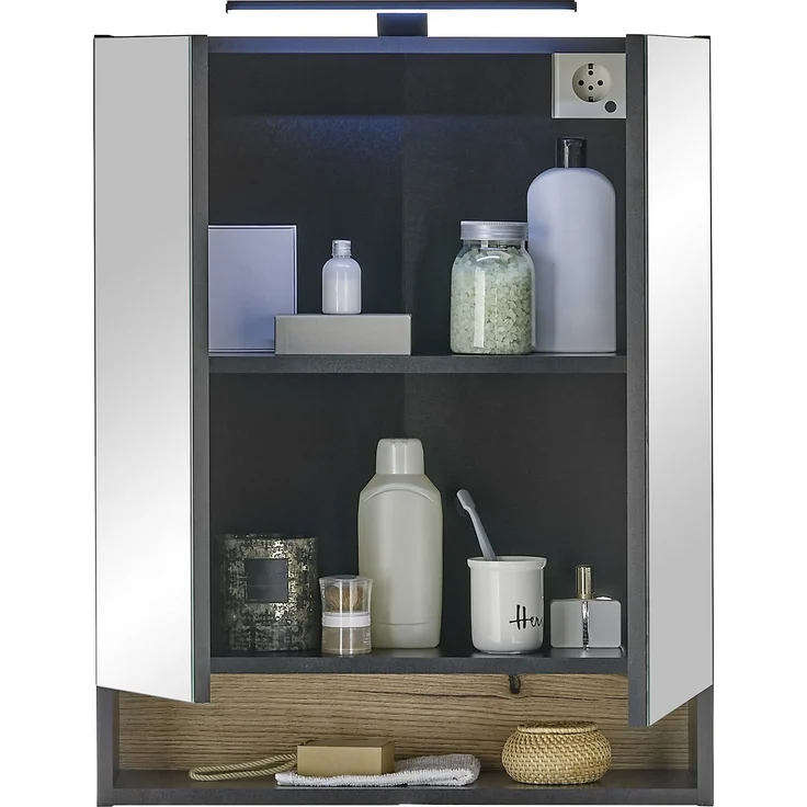 Badezimmerspiegelschrank >Denver< LED, Steckdose, schwarz matt / evoke Eiche Dekor - 60x75x22cm (BxHxT) – Bild 4