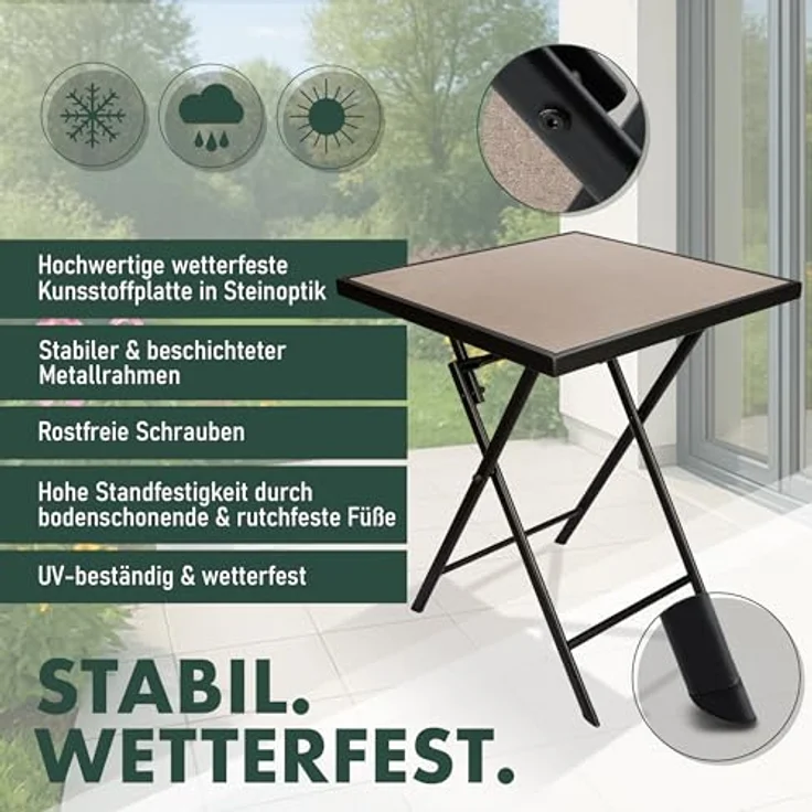 BRUBAKER Gartentisch Bergamo - 58 x 58 cm Balkontisch wetterfest (1-St, Campingtisch eckig mit Stein Optik - Klapptisch für Balkon, Terrasse), Metall Beistelltisch klappbar - Bistrotisch – Bild 5