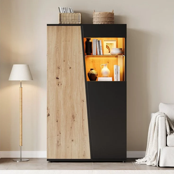Merax Standvitrine mit LED-Beleuchtung,Vintage Hochschrank Vitrinenschrank mit Soft-Close (1-St, 80 x 35 x 139,5 cm) Vitrine mit 2 Türen, 9 Staufächern & verstellbarem Sicherheitsglas – Bild 3