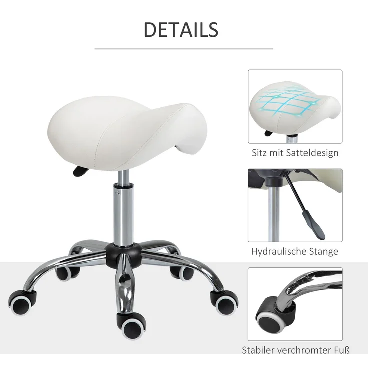 Rollhocker höhenverstellbar Drehhocker 49-61 cm Arbeitshocker drehbar Sattelhocker für Büro Salon Massage Spa Weiß--Weiß--61x52x53cm--YOUDENOVA – Bild 8