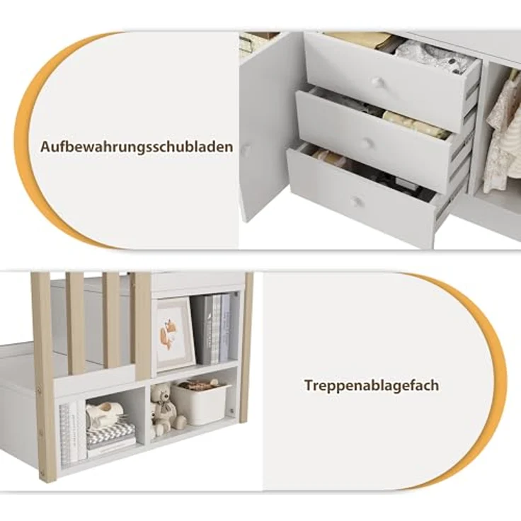 Odikalo Kinderbett Hochbett Einzelbett Schubladen Stauschränken Wäschestange Weiß 90x200 – Bild 8