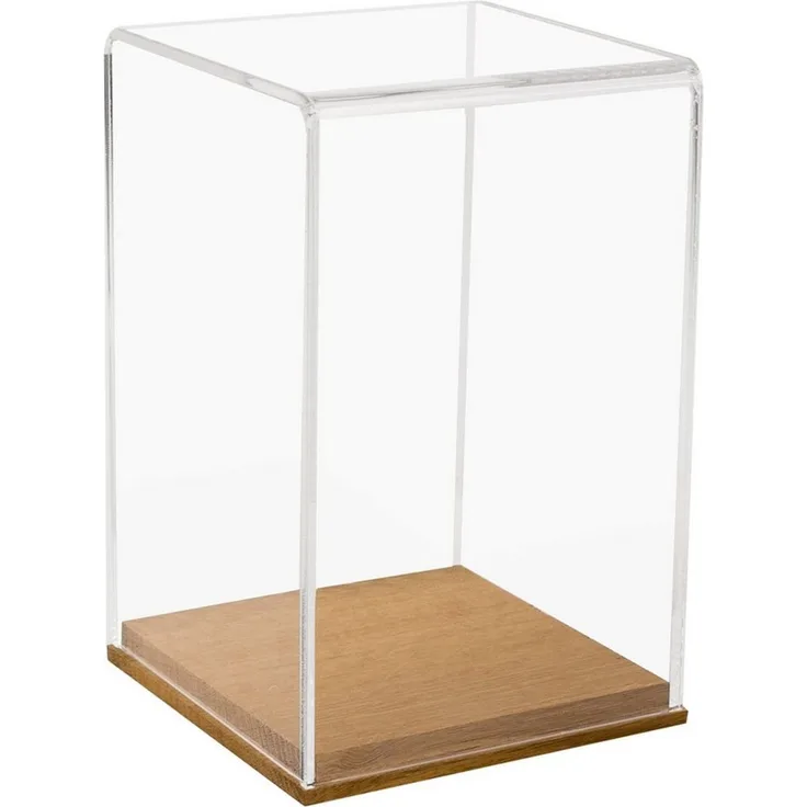 HMF Vitrine Eleganter Acryl Schaukasten mit Holzsockel für Modellautos Sammlerbox für Sammelstücke 14 x 14 x 22 cm, Transparent