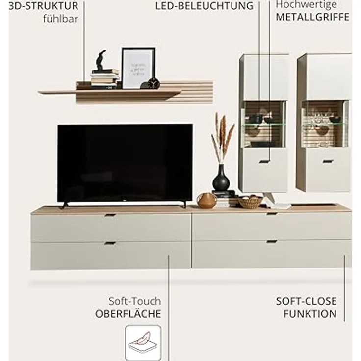Stella Trading INA Wohnwand Komplett-Set in Kaschmir, Riva Eiche Optik FSC-Zertifiziert - Moderne Schrankwand 5-teilig mit LED-Beleuchtung für Ihr Wohnzimmer - 280 x 185 x 44 cm (B/H/T) – Bild 5