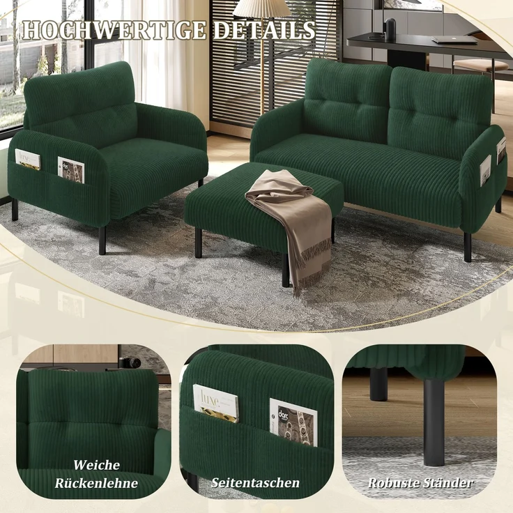 3-teilige Cord-Sitzgruppe aus 2-Sitzer-Sofa, Sessel und Hocker, gepolstertes Lounge-Set mit Seitentasche und Metall-Holz-Gestell, Smaragdgrün – Bild 17