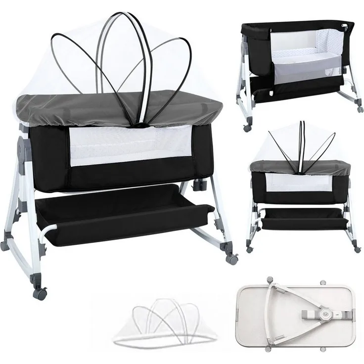 JEOBEST Beistellbett 3 in 1 Babybett, Schaukelmodus, mit atmungsaktivem Netz und Laken, mit Rollen Kinderbett, 6-Fach Höhenverstellung, Moskitonetz, Lagerung