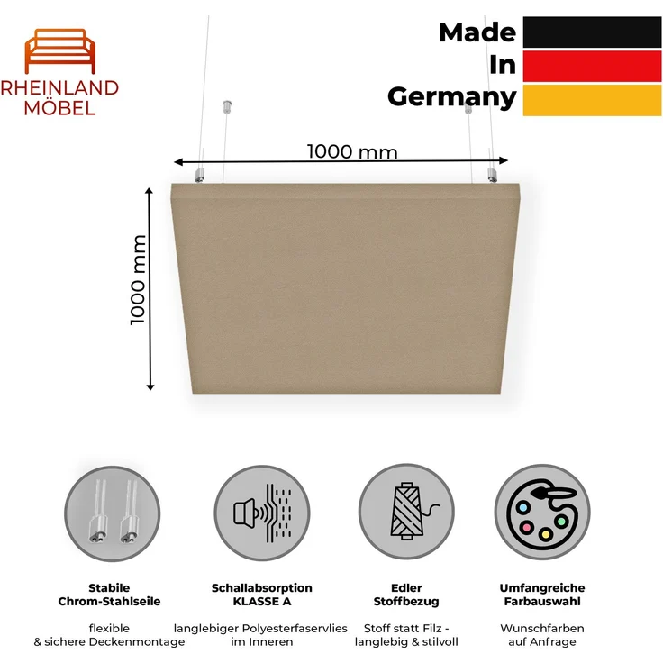 Rheinland Möbel FocusWall DAQ1010 – Quadratischer Akustik-Deckenabsorber 100×100 cm in Stofffarbe Aruba inkl. Chrom-Stahlseilen - Made in Germany - Klasse A, Stoffbezug, schwer entflammbar – Bild 2
