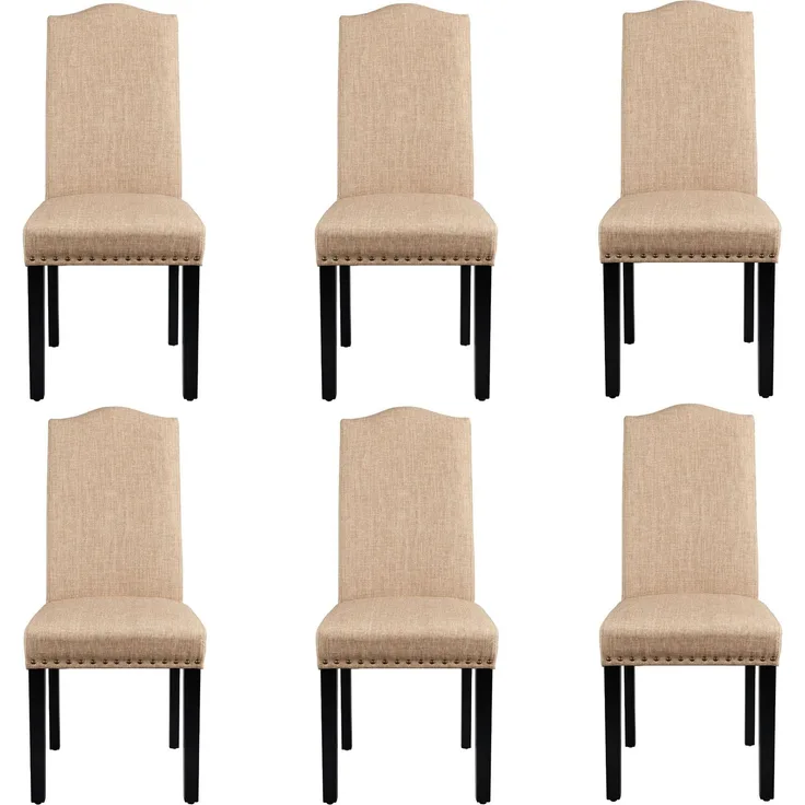 Yaheetech Esszimmerstühle 6er Set Küchenstuhl mit Hoher Rückenlehne Moderne Stühle für Küche und Esszimmer, Beine aus Massivholz, gepolsterte Sitzfläche aus Leinen bis 136 kg Belastbar, Khaki